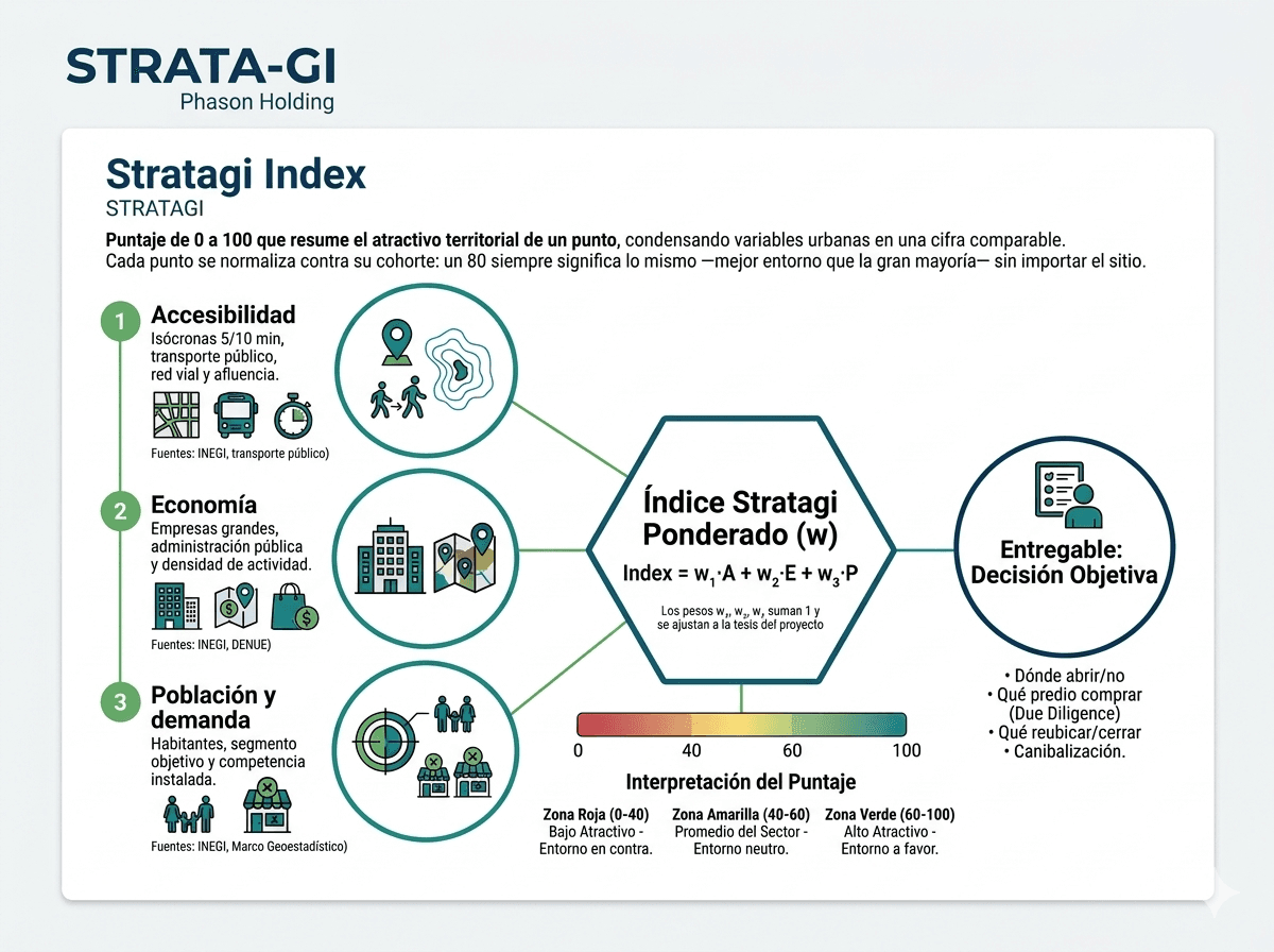 Stratagi Index (Strata-Gi) — Calificación bajo un modelo matemático propio que mide la viabilidad de un territorio para un fin específico, dando claridad de inteligencia territorial.